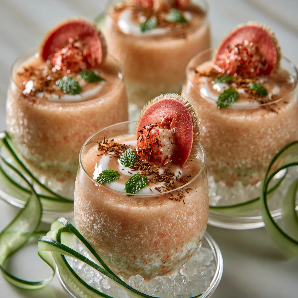 From above, four frosty pale coral smoothies sit in clear glasses with a glossy swirl of coconut yogurt, tiny emerald mint leaves, a dusting of toasted cumin, rose-pink medallions of lobster perched on the rims, and thin cucumber ribbons curling elegantly over ice-filled saucers.