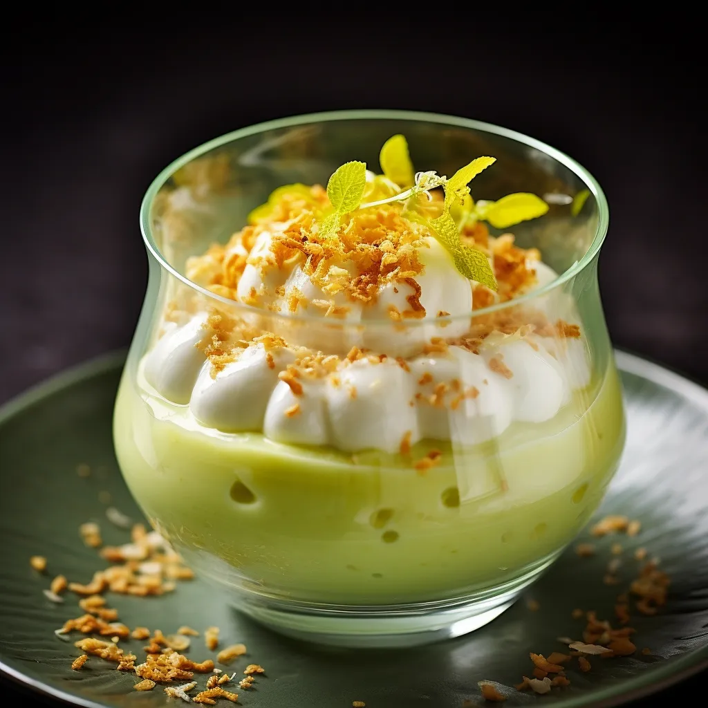 A transparent glass filled with layers of verdant green celery pudding, topped with sunny yellow mango-coconut cream, garnished with toasted sesame seeds and a celery stalk. The mix of color is vibrant against the white plate underneath.