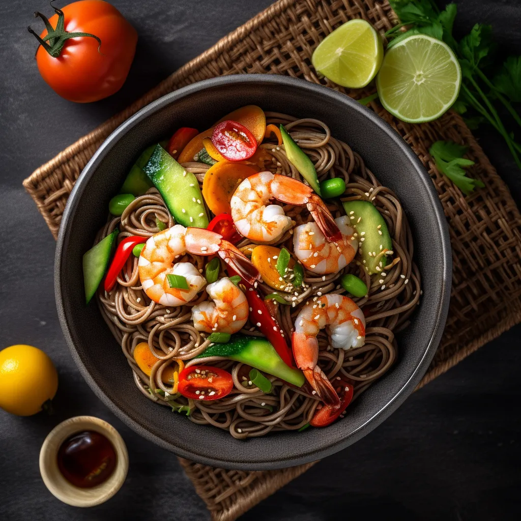 A bed of chilled soba noodles with colorful veggies and shrimp tossed in sesame dressing