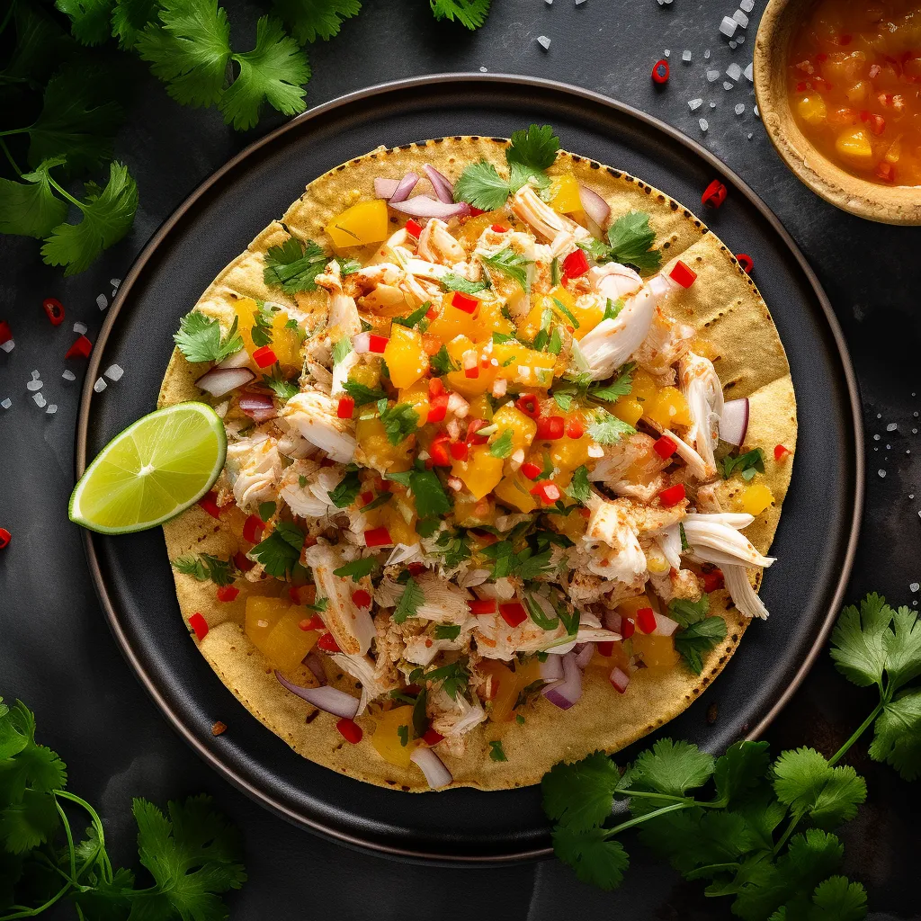 A beautifully plated golden tostada topped with chunks of white crab meat, the vibrant winter citrus salsa adding bursts of yellow, orange and red. Wedges of lime and sprigs of cilantro garnish the plate.
