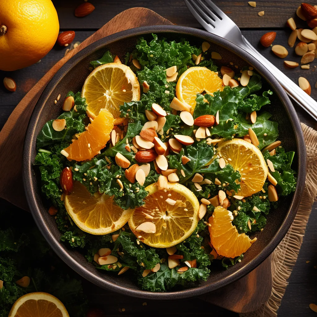 The salad is served in a large bowl with a base of crispy kale. Juicy orange slices are scattered on top, along with crunchy peanuts and sesame seeds. The dressing is drizzled over the entire salad, tying all the flavors together.