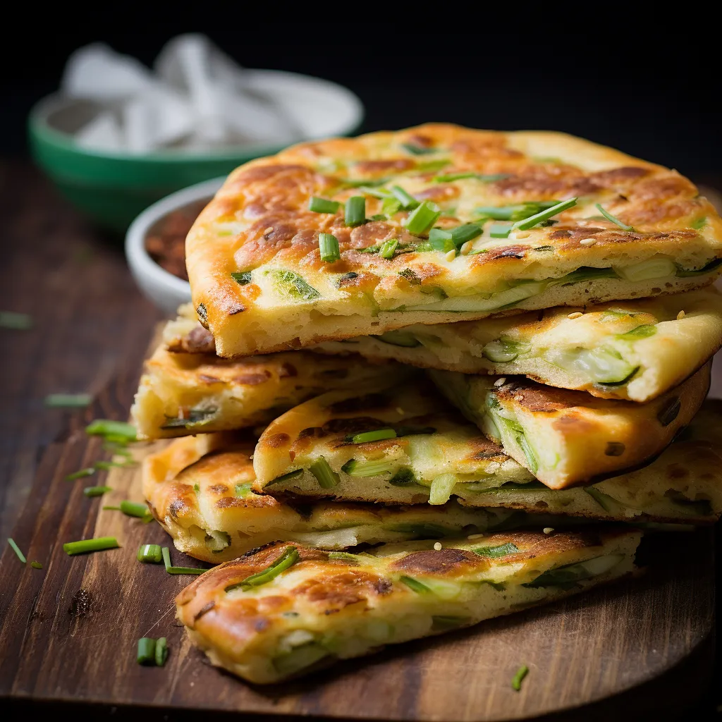 The Chinese scallion bread is a round flatbread, golden brown in color, with green specks of scallions peeking through the surface. When cut open, you can see layers of fluffy bread and a generous filling of scallions.