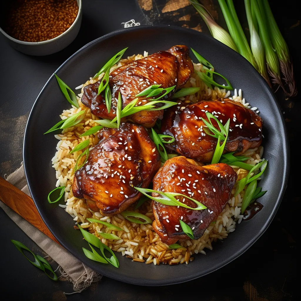 The dish features juicy and tender grilled chicken thighs, with a caramelized crust, and a vibrant green garnish of sliced spring onions and garlic chives on top. Served with steamed rice or grilled vegetables.