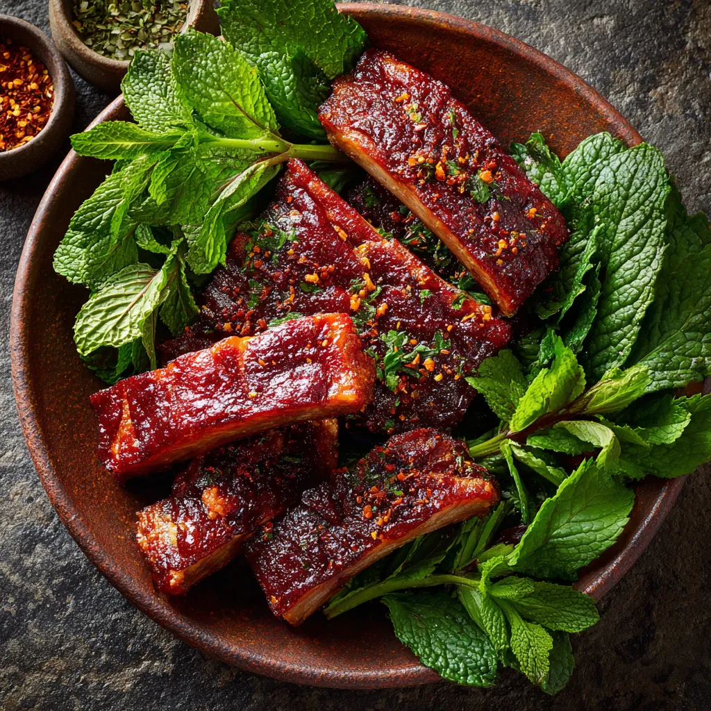 Glistening BBQ ribs with a reddish glow poking out from a canvas of fresh greens - mint leaves, and ground spices. A play of rich hues on a rustic earthen plate.