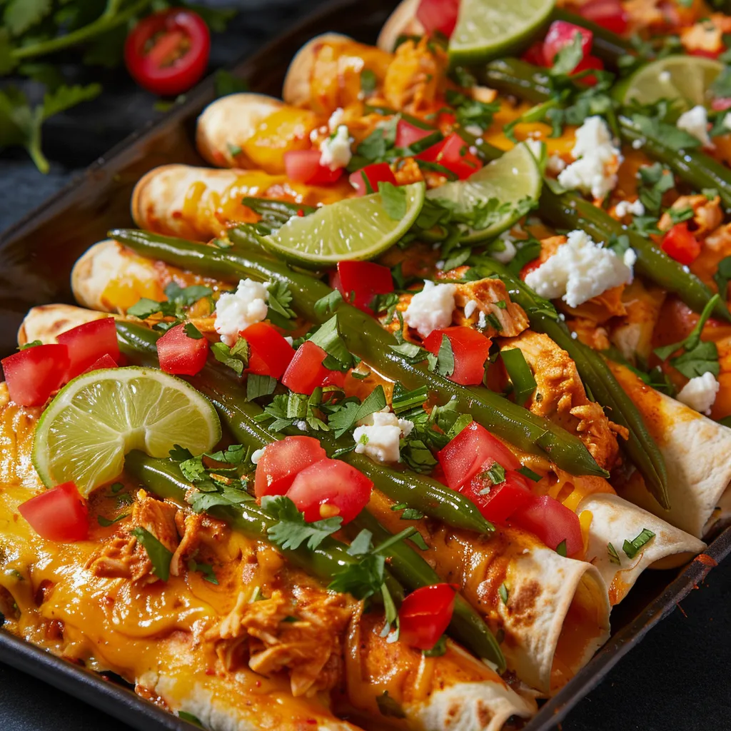 A colorful display of golden-browned tortillas, filled to the brim with vibrant green beans and shredded chicken, atop a bed of tangy red tomato sauce. Garnished with a sprinkle of melting queso fresco, a dazzling drizzle of lime crema, a sprinkle of bright green cilantro and a handful of ruby red diced tomatoes.