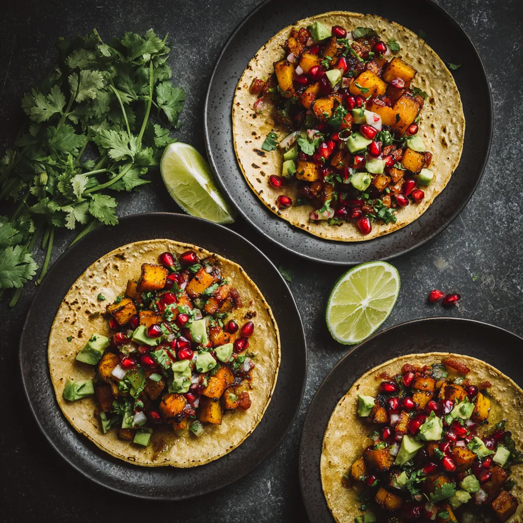 The warm, golden acorn squash looks tantalizing on corn tortillas, it's subtle smokiness amplified by deep red pomegranate seeds and green avocado chunks scattered on top. The contrast of dark greens from cilantro and bright red from the salsa makes this intensely visual, a twist of lime along the side of the plates pops with color.