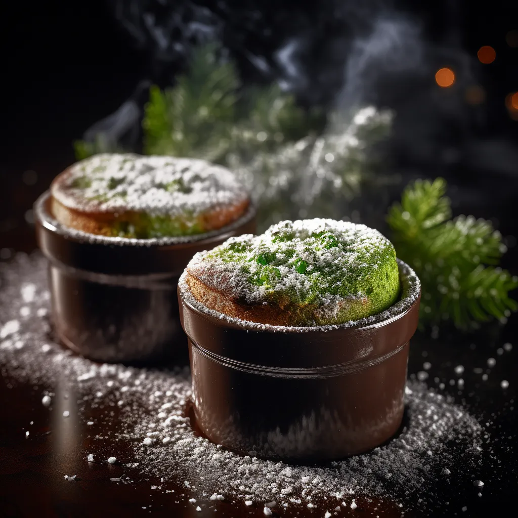 The top view of the dish reveals two cylindrical, lightly toasted soufflés standing proud in individual ceramic ramekins. They are dusted with powdered sugar, resembling a serene snowfall. Wisps of steam rise, promising a sumptuous, warm experience. The dark green broccoli florets poke through the surface, their vibrant hue contrasting against the fluffy, chocolate texture.