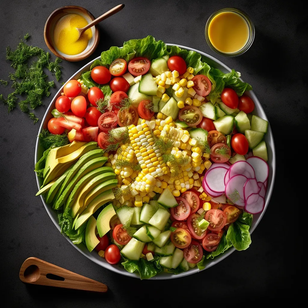 A beautiful mix of diced tomatoes, corn, avocado, radish, cucumber, and lettuce, topped with a tangy mustard dressing.