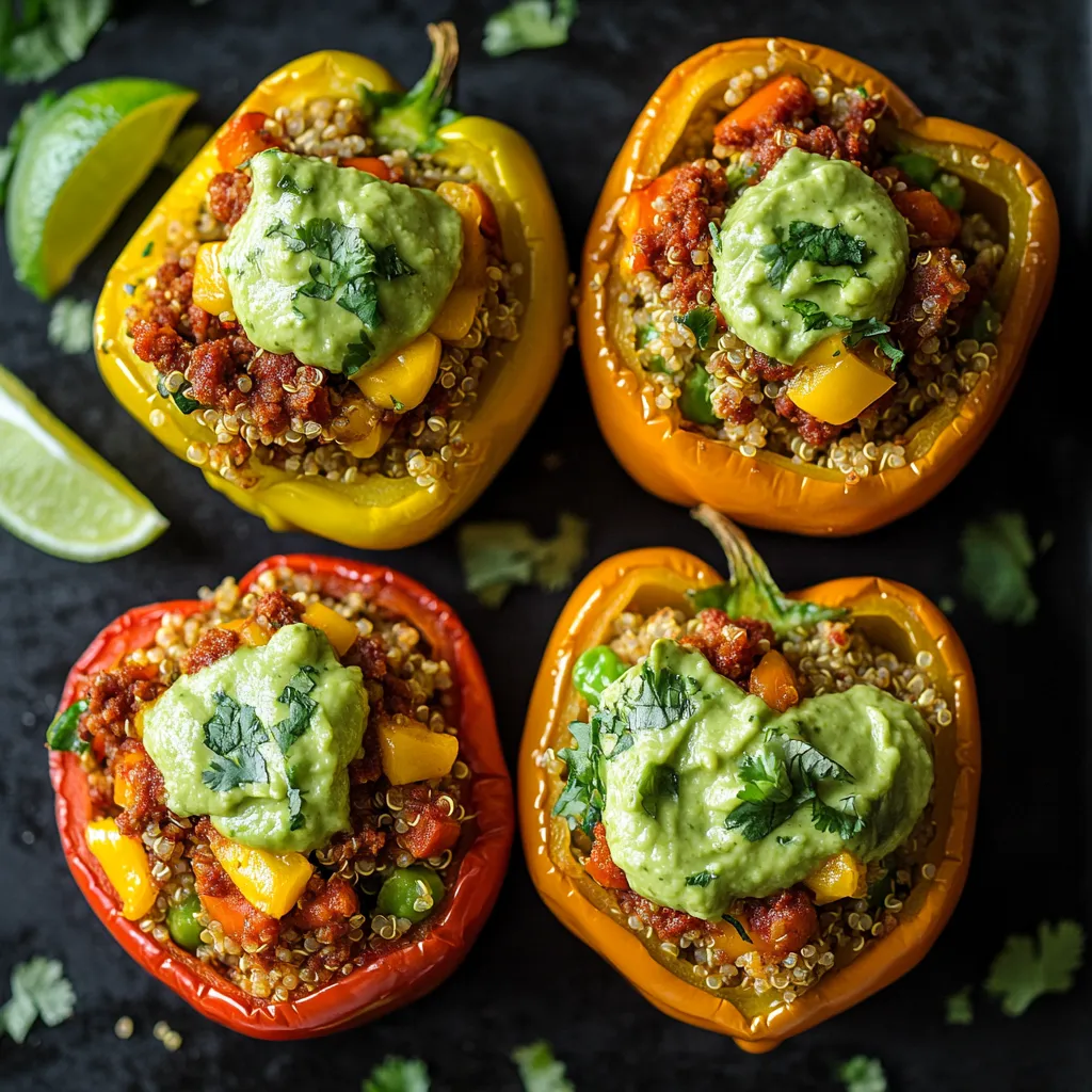 You see three vibrantly colored bell peppers, their tops sliced open to reveal a hearty filling of quinoa, chorizo, and veggies, speckled with melted cheese. They sit on a pool of green avocado cream, decorated with sprigs of fresh cilantro. A lime wedge adds a pop of color.