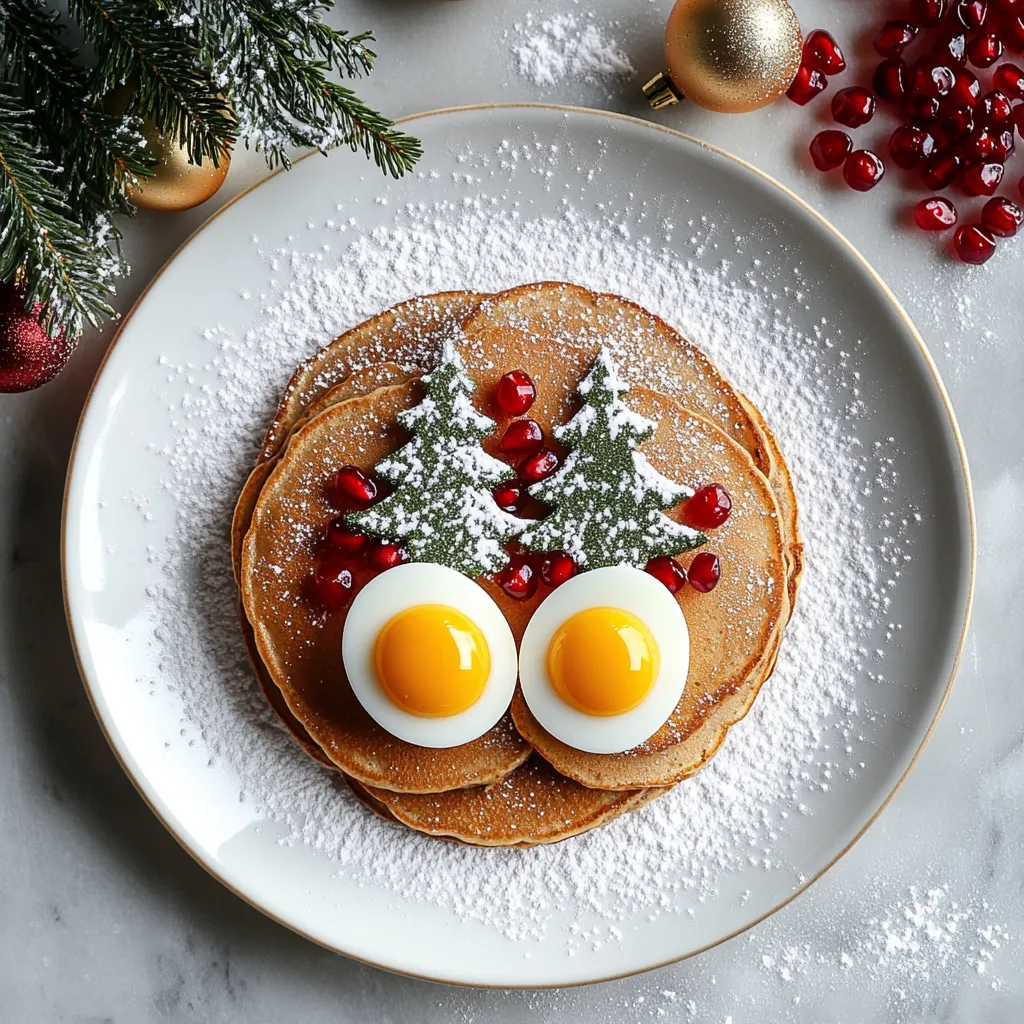 Looking down on a snow-white plate, you'll see fluffy stacks of cinnamon-brown pancakes making a circle around the edge of the plate. The pancakes, dusted with powdered sugar, look like they have a dusting of fresh snow. In the middle of the circle are two tree-shaped eggs, their sunny yellow yolks are 'ornaments', decorated with vibrant red pomegranate arils. The whole plate pops with festive Christmas colors.