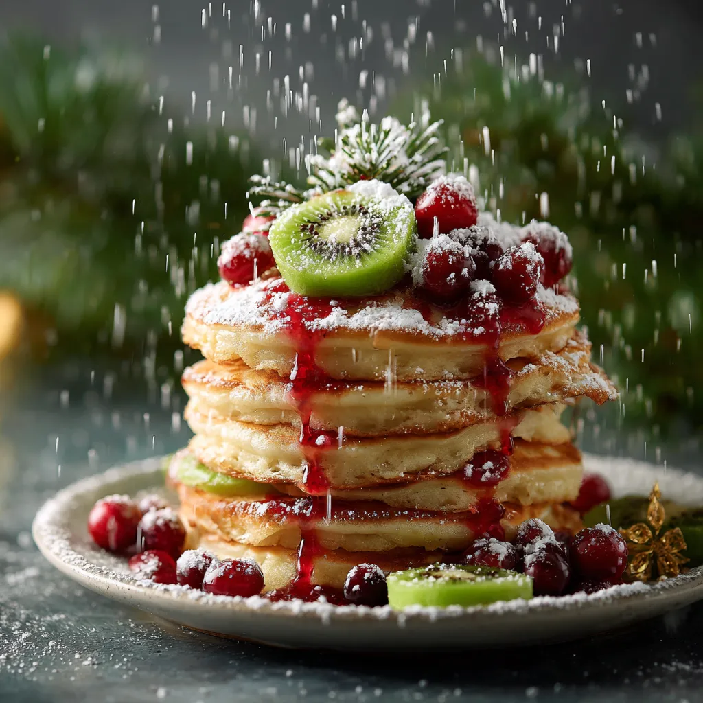 A picturesque centerpiece that screams Christmas at first sight. A stack of golden-brown pancakes, like a tall Christmas tree, topped with powdery white icing sugar, like a fresh snowfall. There are radiant green kiwi slices placed around the stack, like tiny wreaths, and a generous drizzle of vibrant red cranberry maple syrup gives that final festive touch.