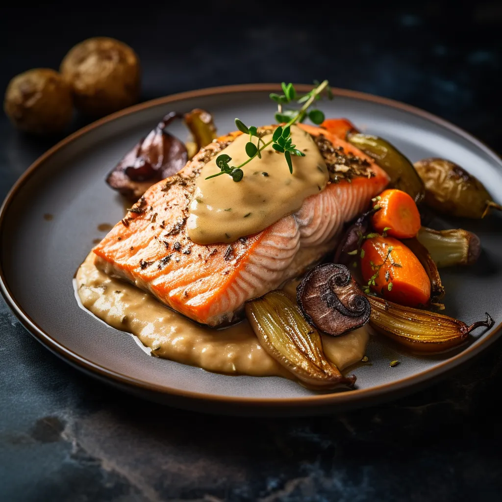 The beautifully glazed salmon fillet glistens atop a creamy golden chestnut puree, encircled by speckled, roasted root vegetables. A sprig of thyme delicately garnishes the salmon, adding a touch of green.