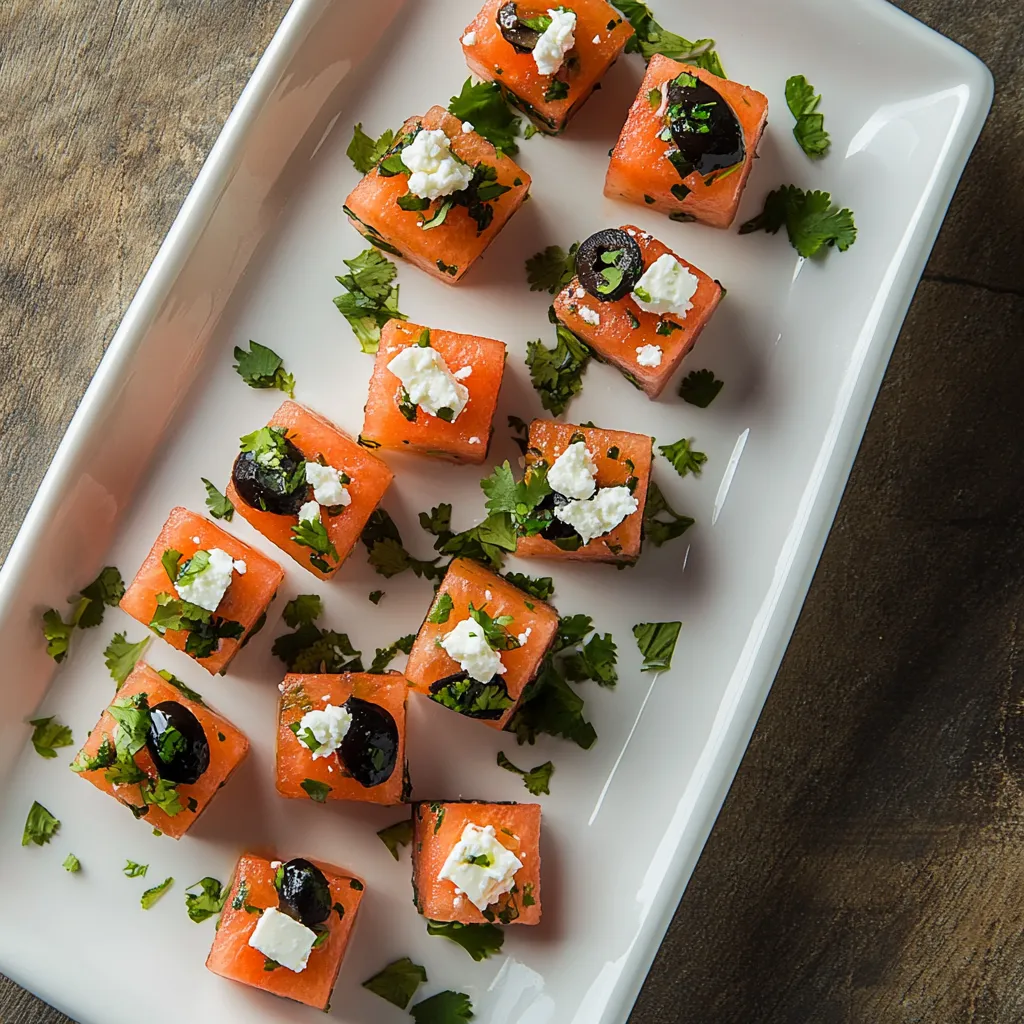 Viewing from above, you'll see bite-sized parcels filled with diced watermelon tinted with green spots of cilantro, crumbled Feta cheese and black olive slices. Garnished with finely chopped cilantro, this dish is served on a crisp white platter, creating a vibrant display that's simply captivating.