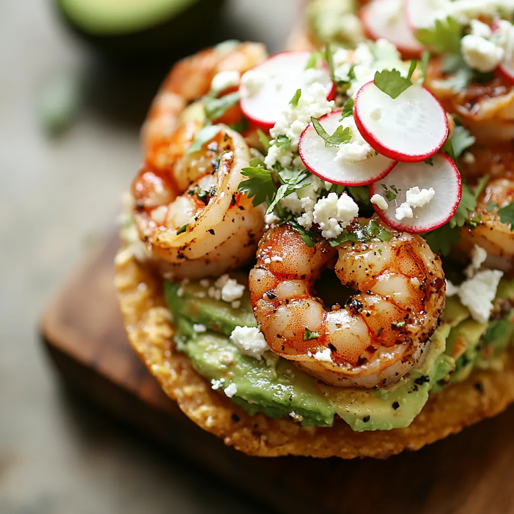 A vibrant spectacle of ruby-red shrimp atop a velvety layer of bright green avocado cream, all nestled on a golden, crispy tostada. Garnished with transparently thin slices of radishes and crowned with a sprinkle of crumbled queso fresco and cilantro, the dish bursts with color and texture.