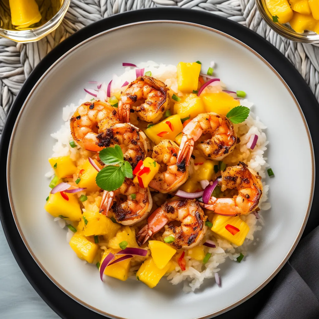 A colorful plate with grilled shrimp swimming in a creamy citrus-coconut sauce, topped with a vibrant mango salsa.