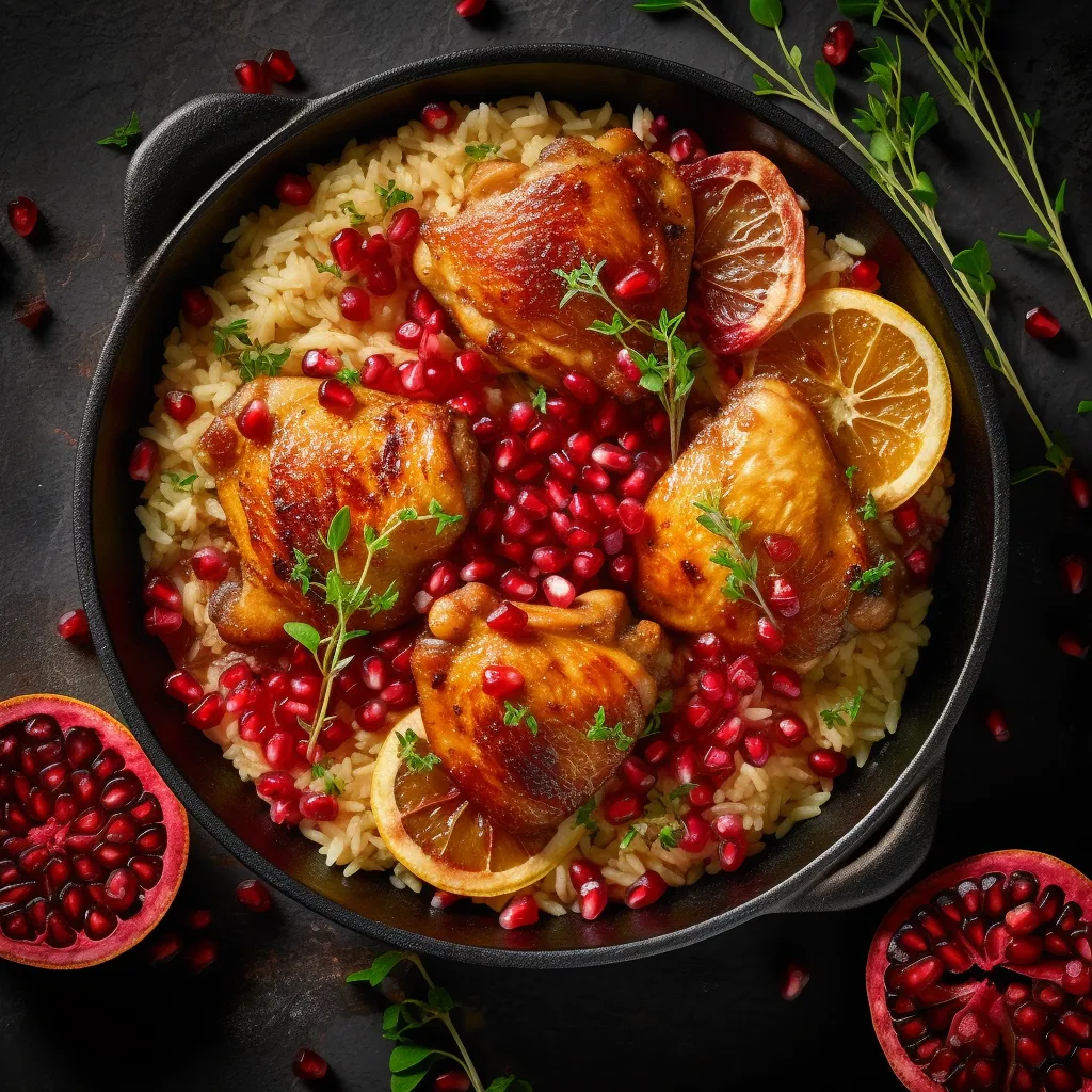 Tender chicken pieces perfectly coated with a glossy citrus glaze, topped with vivid red pomegranate seeds served on a bed of fragrant rice and fresh herbs.