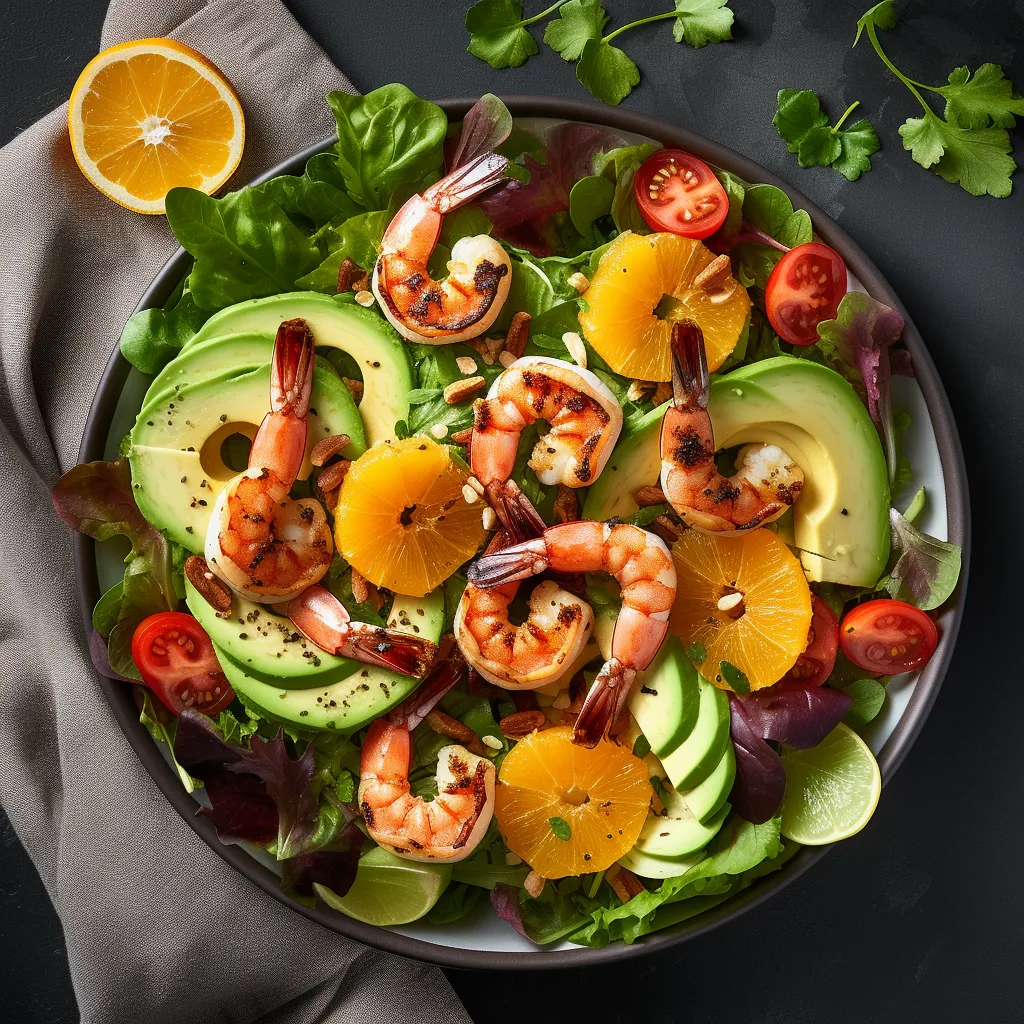 A vibrant salad with grilled shrimp, citrus segments, avocado slices, and mixed greens.