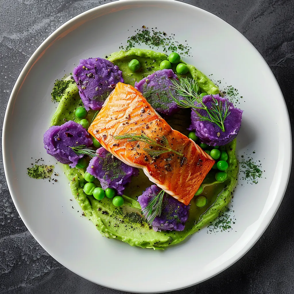The pinkish-orange hue of the salmon stands out against the vivid green of the puree and the deep purple of the crispy potatoes. Served on a white plate, the colors pop even more. A sprig of fresh dill or rosemary adds the finishing touch.