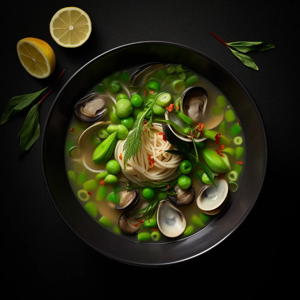 A clear broth soup with fresh clams, snow peas, and thinly sliced shiitake mushrooms.
