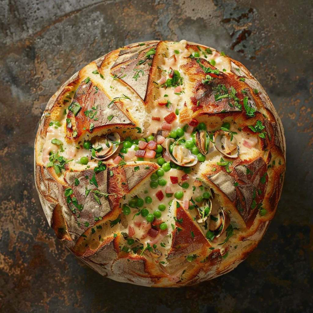 Imagine an artisanal round loaf, golden and crusty on the outside with slits across the top. Upon slicing, reveals a creamy clam filling, speckled with herbs, bits of bacon and the vibrant green of peas; contrasting the warm, soft, delicious bread that encapsulates it.
