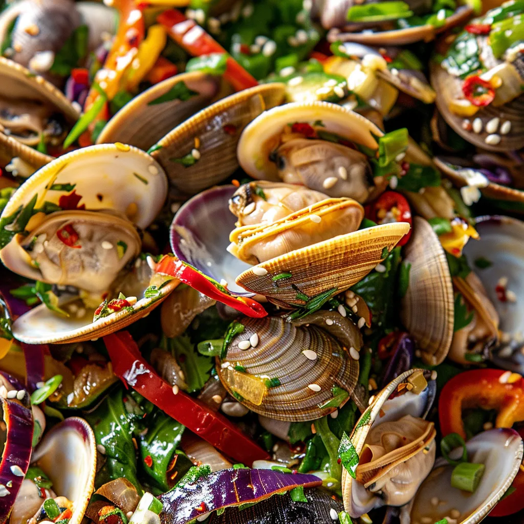 A vibrant mix of clams and colorful vegetables sit atop a platter, garnished with fresh herbs. The creamy clams provide a soft contrast to the bold greens, reds, yellows, and purples of the veggies. A drizzle of vibrant red chili oil and a sprinkle of white sesame seeds add the finishing touch.