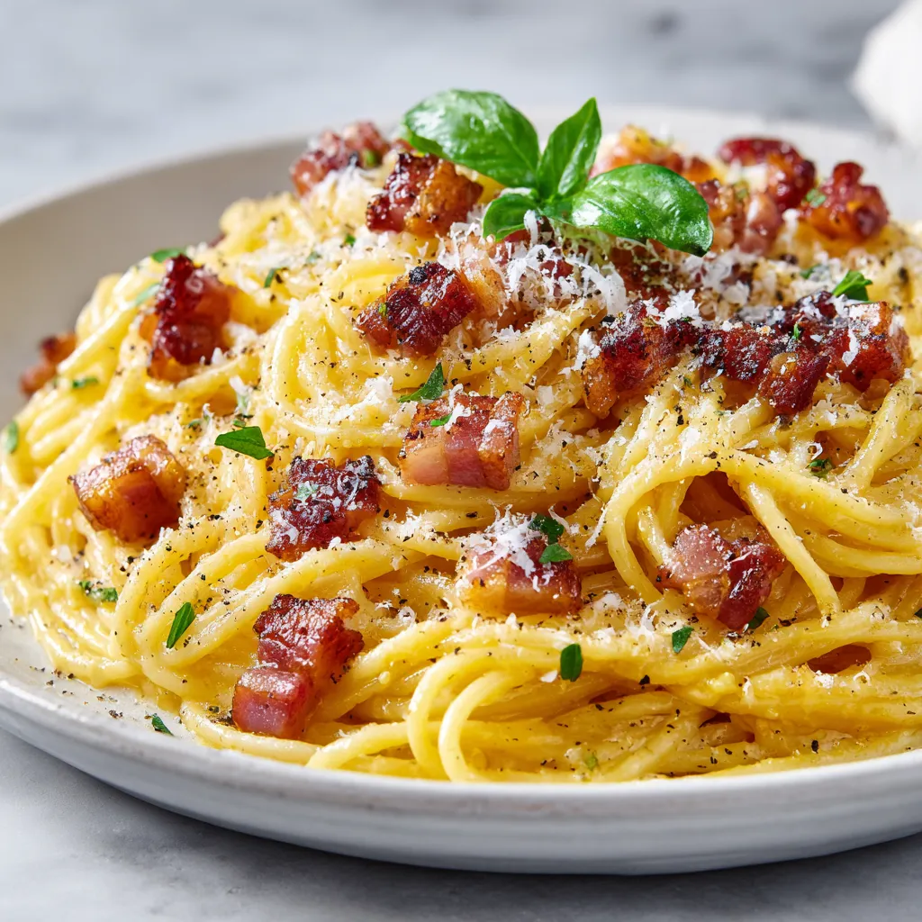 This plate of golden spaghetti is enveloped in a creamy, yolky sauce, peppered throughout with crispy, caramelized chunks of cured pork. The pasta is sprinkled with finely grated cheese, each strand glistening under a dusting of black pepper. A sprig of basil adds a pop of bright green to the dish, making it just as sumptuous to the eyes as to the taste buds.