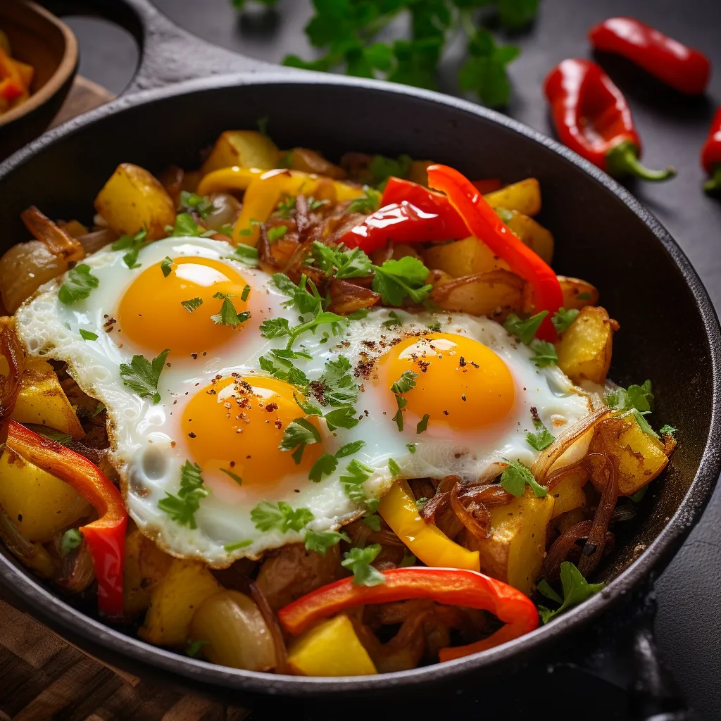 A bed of crispy golden-brown potato hash, dotted with vibrant chunks of bell peppers and onions. The bright, glossy eggs are nestled in the center, yolks softly capped with grated Cheddar. Sparkling jewel-like droplets of hot sauce and scattered herbs complete the picture.
