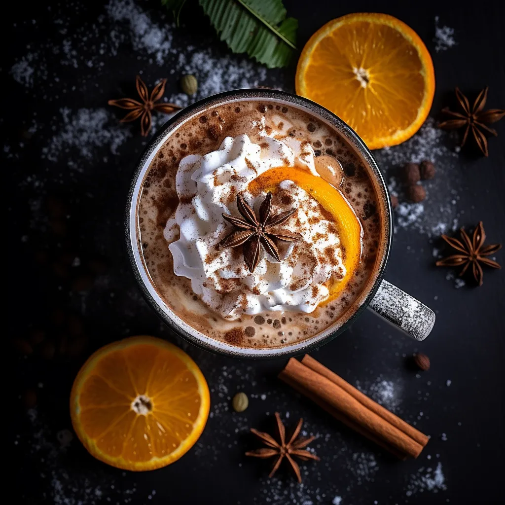 A steaming mug of hot chocolate with whipped cream, sprinkled with cocoa powder and orange zest.