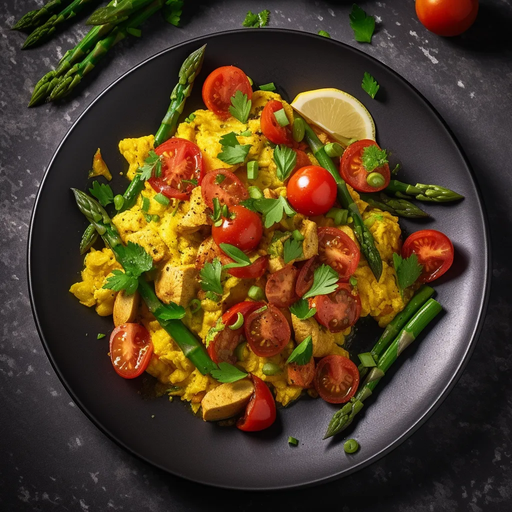 A scrambled egg mixture with a bright yellow color, mixed with asparagus and cherry tomatoes, garnished with fresh cilantro and mint.