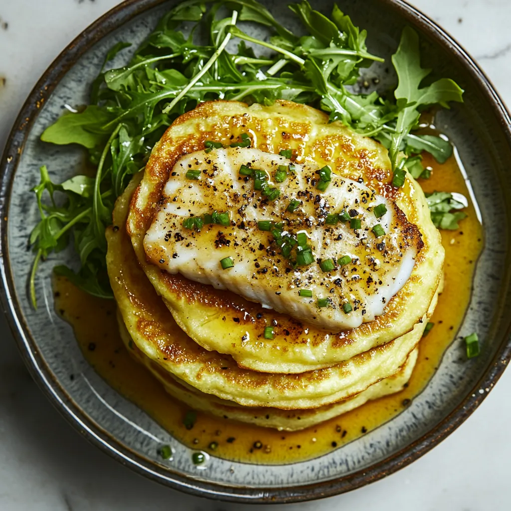 When looking at the dish from above, you will see a stack of lightly browned, golden-yellow cornmeal pancakes. A layer of cod fillets sits atop each pancake, dusted lightly with freshly ground black pepper, and sprinkled with bright green chives. A gentle drizzle of maple glaze gives it a glossy finish. On the side, a vibrant, fresh arugula salad creates a contrast to the rich pancakes.