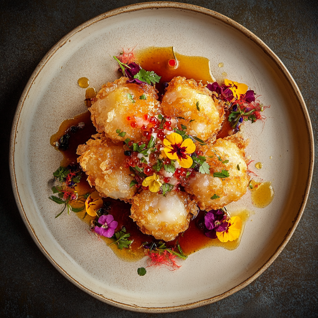 Cod Tempura with Blossom Salsa and Mirin-Ginger Glaze