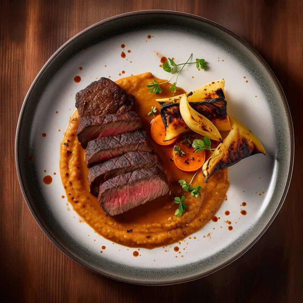 A medium-rare steak coated with a dark and flavorful coffee-chili rub, sliced and served on a bed of roasted winter squash, drizzled with a rich parsnip puree.