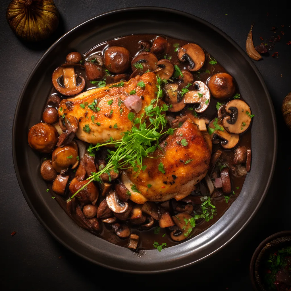 A beautifully plated dish with tender chicken, bacon, and mushrooms in a dark, rich sauce, garnished with fresh herbs.
