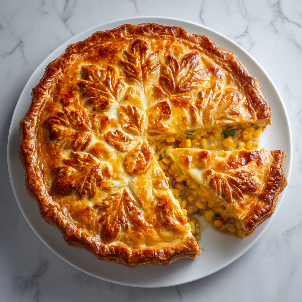 An elegant golden brown pie sitting on a pure white plate. The flaky crust is adorned with a intricate leaf design, a nod to the corn hidden inside. A slice is cut, revealing the creamy, diced corn, enrobed in a luscious mushroom béchamel - a delight to behold.