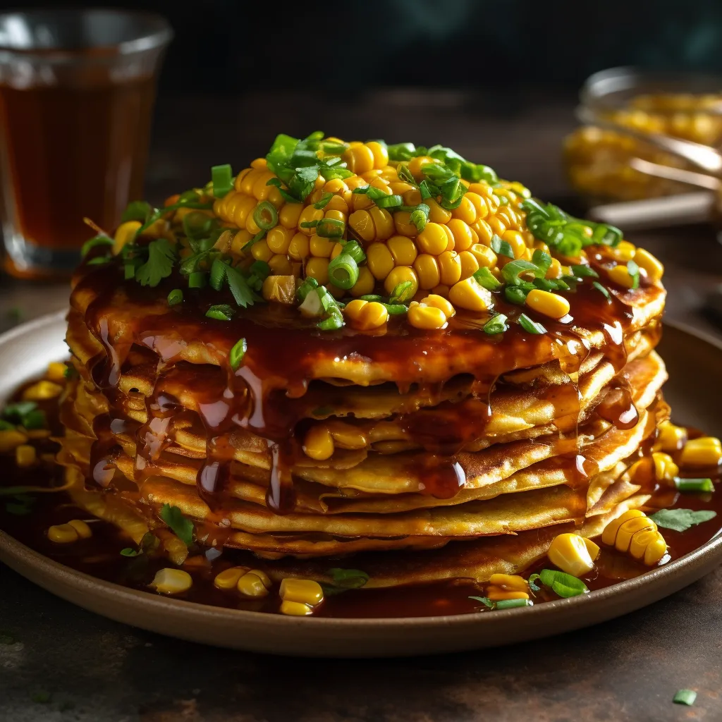 A stack of golden brown scallion pancakes layered with sweet corn kernels, drizzled with soy sauce and garnished with fresh cilantro.