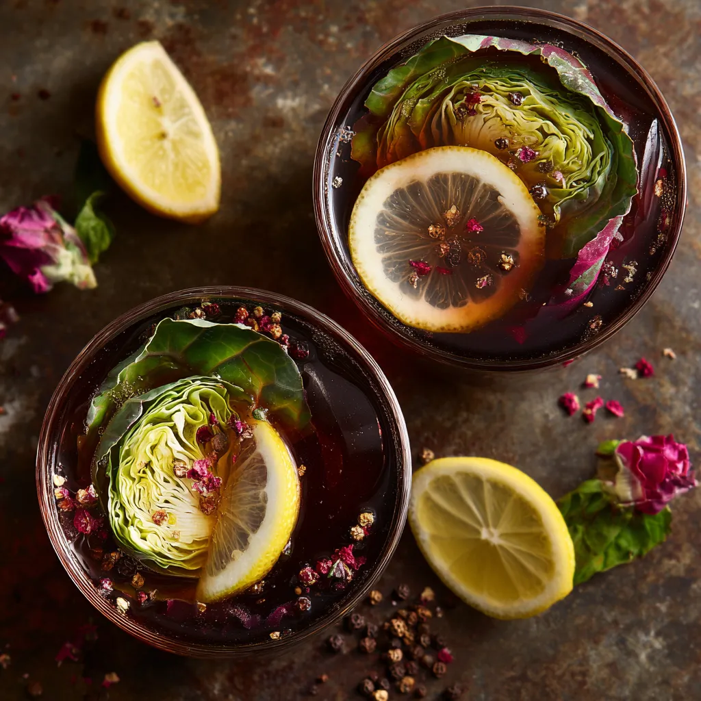 A dark hued liquid fills two crystal rocks glasses. Twisted lemon rinds gracefully perch on the rims of the glasses. Small cabbage leaves, fresh lemon slices, and a dusting of pink peppercorns float on the surface, creating a beautiful contrast. A warm, misty background completes the cozy vibe.