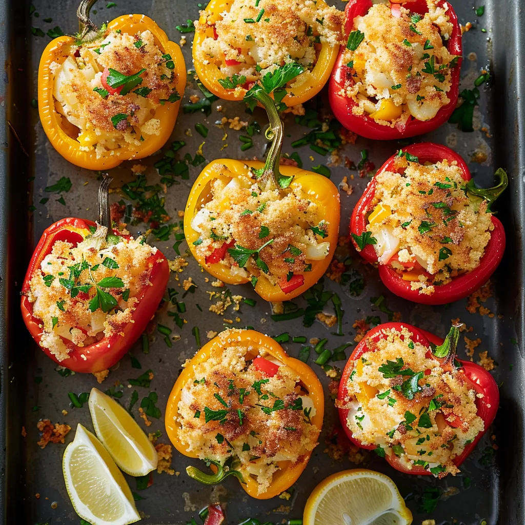 Vibrantly colored bell pepper halves, resplendent with a golden top crust, reveal an enticing mix of crab and veggies peeking out. A scattering of herbs adds to the appeal.