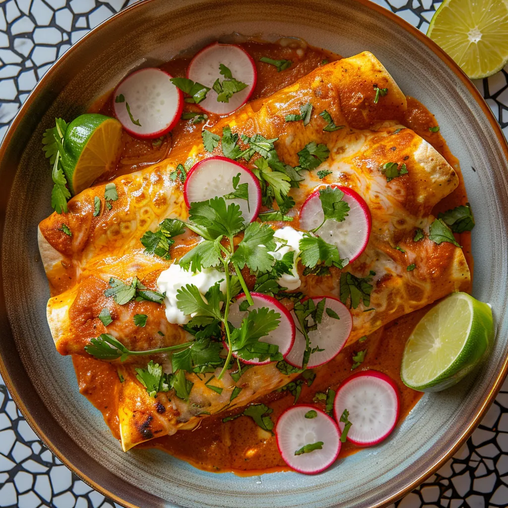 From above, the dish appears vibrant and inviting. A quartet of plump enchiladas lay snugly in center of the plate, blanketed in a glowing red guajillo chilli sauce and garnished with creamy, melted cheese. Bright green herbs and red radishes dot the top, adding a pop of color, with fresh lime wedges on the side.