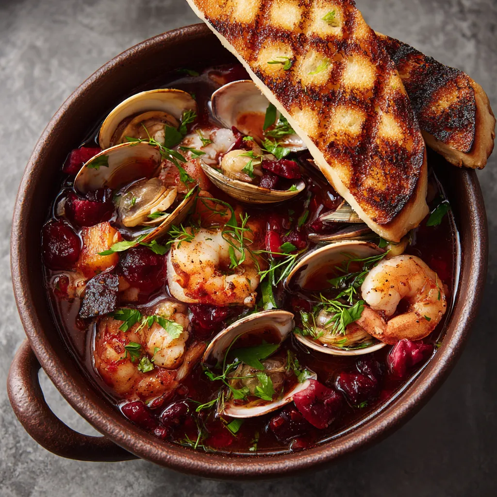 A deep, ruby-red stew in a rustic earthenware bowl. Succulent shrimp and juicy clams perched atop a flavorful broth studded with vibrant red cranberries and fresh green herbs. A couple of grilled crusty bread slices lean against the stew, ready to dip.