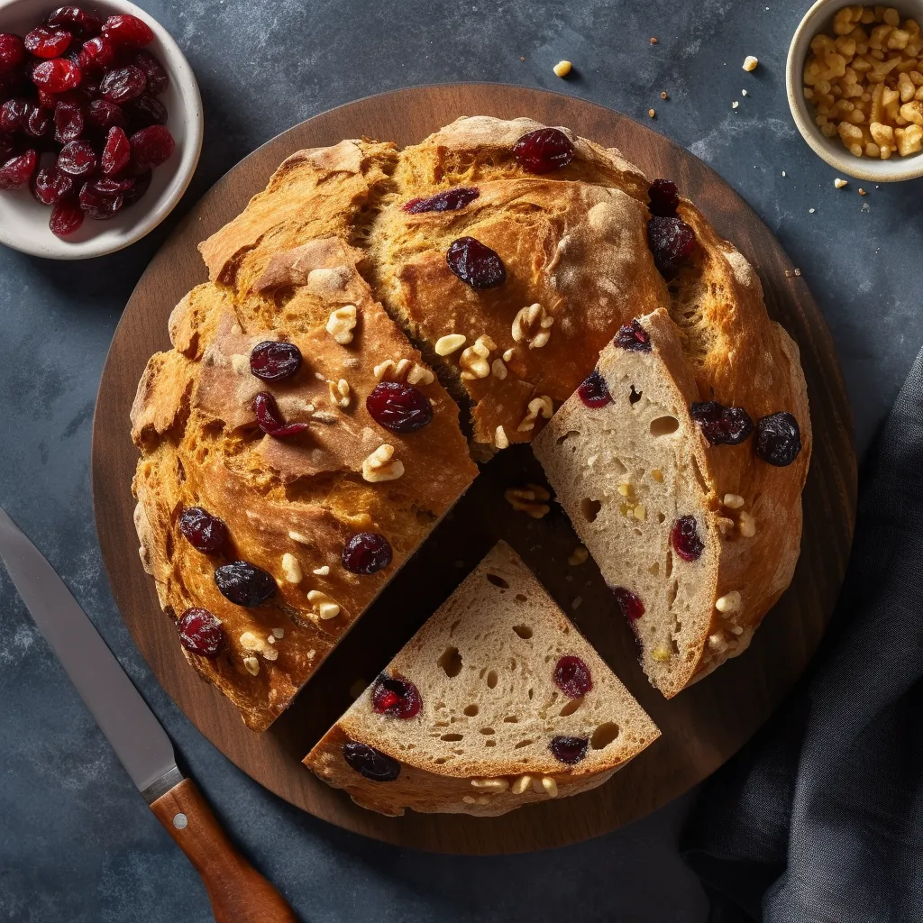 A round loaf of bread with a golden crust, studded with red cranberries and walnuts. Perfectly sliced and topped with a dollop of honey.