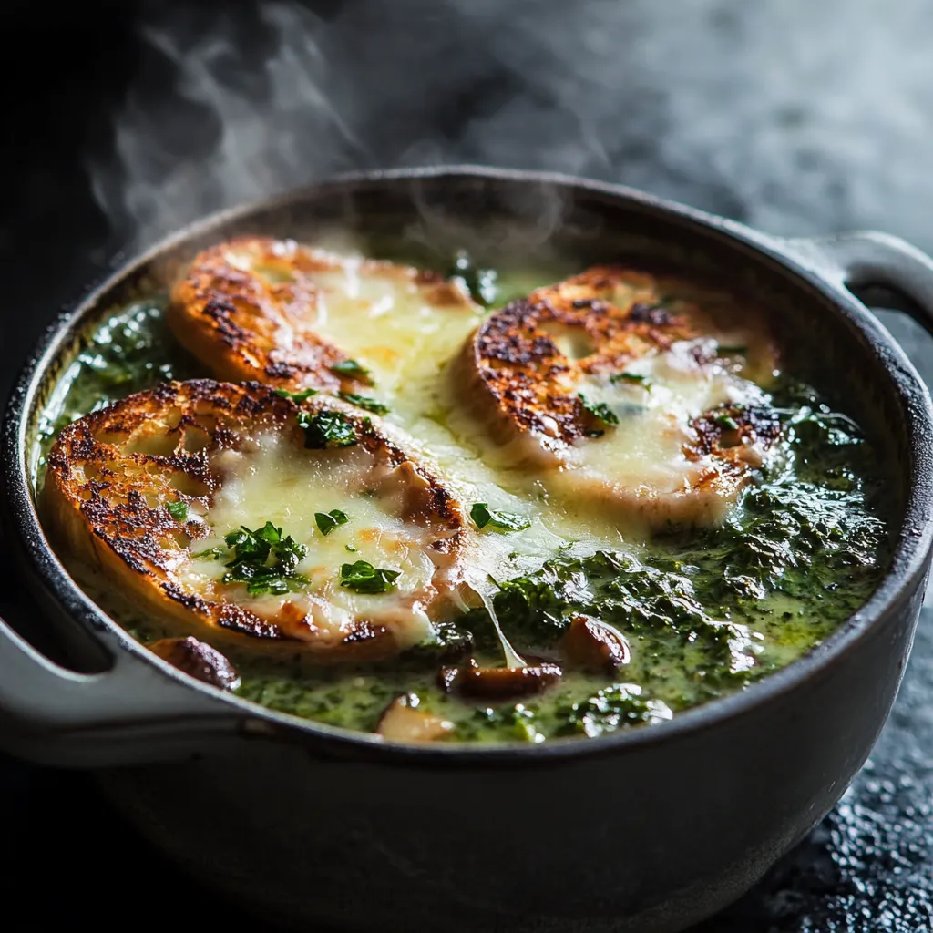 Picture perfectly toasted slices floating atop delicate green soup, with melty gruyere cheese draped over them, curled crispy edges browning further against the heat. The vibrant green of the kale peeks through beneath, featuring bits of sauteed mushroom and onion. Wisps of steam rise from the soup, promising a warm and comforting meal.