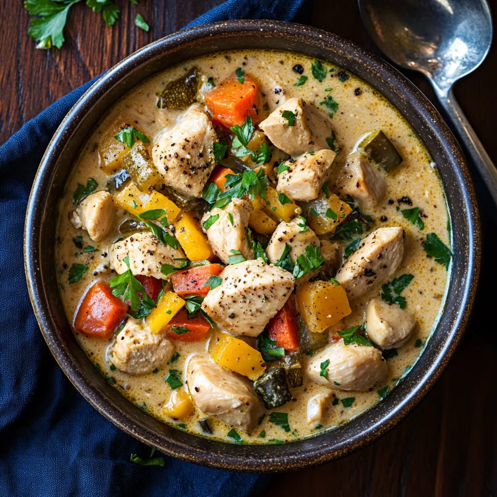 A rustic bowl filled with chunks of golden chicken and a medley of colorful vegetables submerged in a rich and creamy white sauce. The soup has a garnish of fresh green herbs on top. Contrast is provided by a deep blue napkin and a silver spoon resting on a dark wooden table