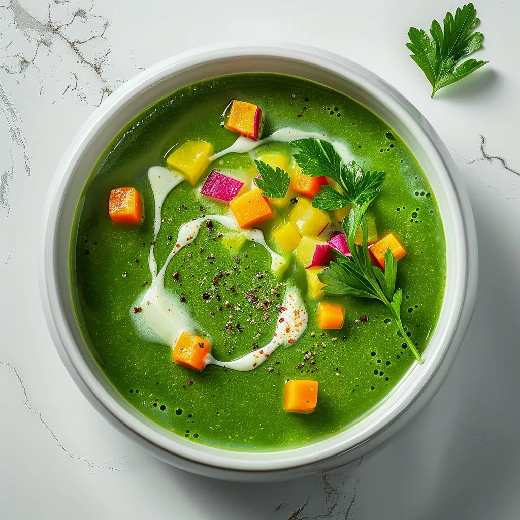 A vibrant emerald soup served in a sleek white bowl, studded with colorful bites of finely diced carrot, parsnip, and beetroot. A thread of cream swirls on top, while a sprig of parsley and a sprinkle of fresh ground pepper complete the picture.