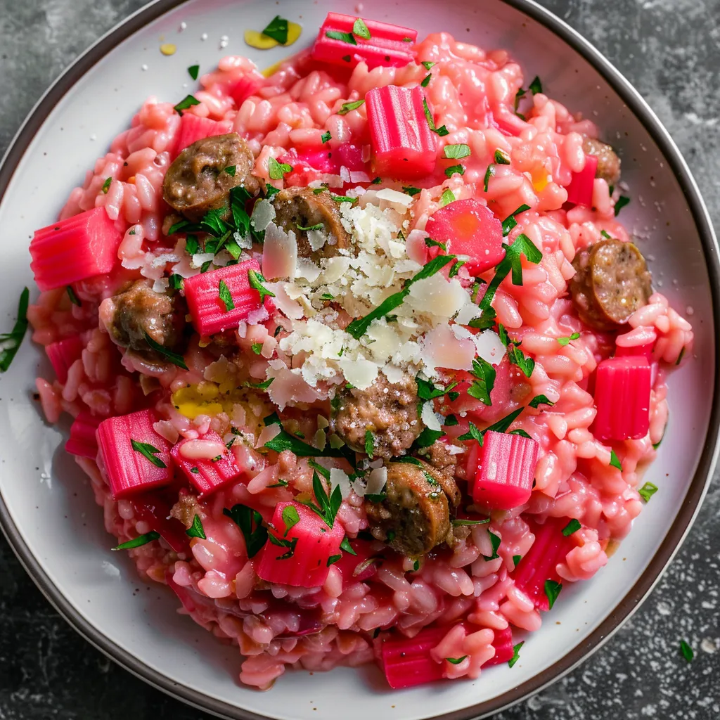 This dish is a deep creamy pink, studded with crumbled sausage and contrasts of bright red and green from the rhubarb and garnish. The creamy risotto is heaped onto pearlescent white plates, topped with grated Parmesan snow, fresh herbs scatter on top while the shiny drizzle of olive oil gives it a luminous glow.