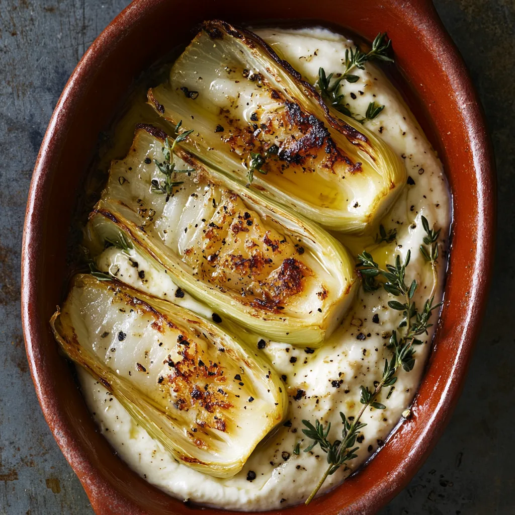 Glistening, caramel-hued chicory halves sit side-by-side with an ample portion of creamy, flaky salt cod brandade. A sprinkle of fresh thyme leaves and a drizzle of lemon garlic aioli add bursts of green and white, and a dash of black cracked pepper completes the picture. The dish is served on a rustic red clay dish, enhancing its warm, inviting ambiance.