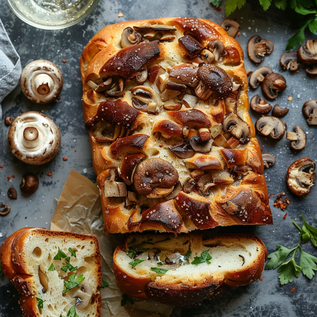 A beautifully risen, warm, golden bread loaf studded with visible, juicy bits of Cremini mushrooms. The crust has a tantalizing crispness, while a slice reveals a fluffy, aromatic interior with tender mushroom chunks scattered within.