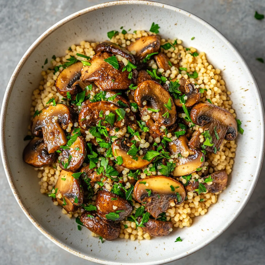 The deep brown of the mushrooms contrast beautifully against the yellow hues of the couscous. Specks of fresh green parsley add vibrancy, while the white ceramic serving bowl makes the colors pop.