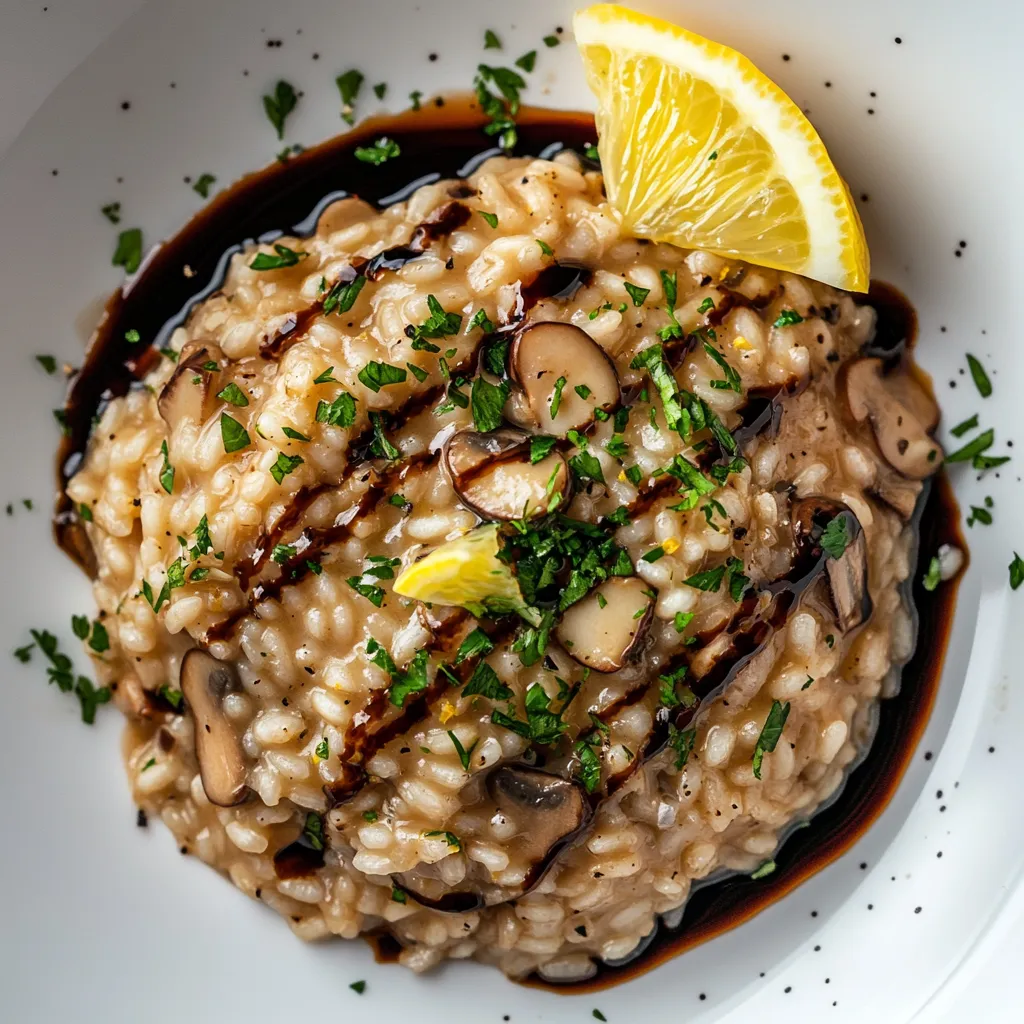 A generous serving of creamy risotto sits in the center of a pure white plate. The risotto itself is a deep, earthy brown, with distinguished grains of Arborio rice and pieces of Cremini mushrooms peeking through. Green specks of fresh parsley are sprinkled atop, offering a contrast of colors. Drizzled over the top of the dish is a glossy, deep brown balsamic glaze that trails off onto the white plate. A slice of lemon sits at the edge of the risotto as a garnish, its bright yellow hue inviting diners to squeeze and stir it in.