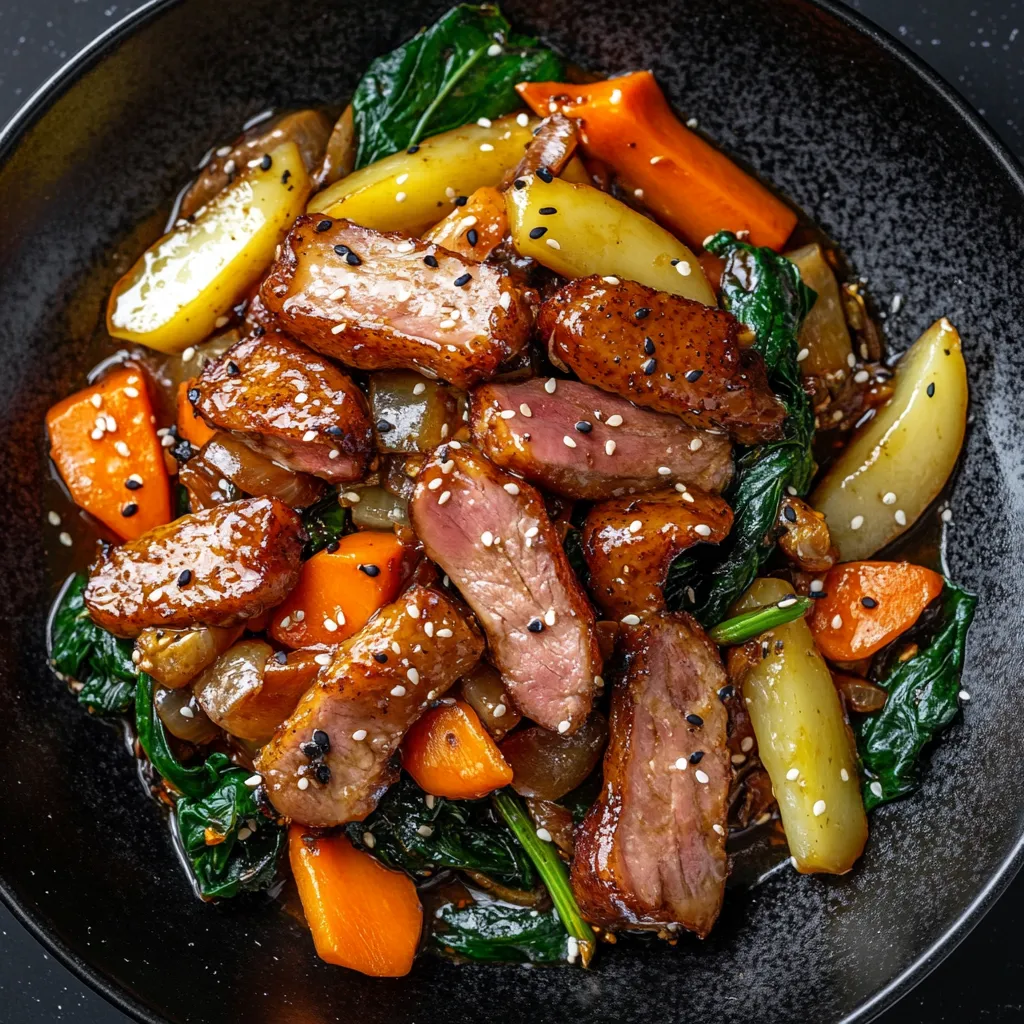 A pops of vibrant colors with deep brown glazed duck slices scattered on top of the slightly translucent stir-fried winter veggies, such as orange carrots, deep green Swiss chard, and pale yellow parsnips. It all sits under a glossy chestnut oyster sauce glaze, sprinkled with black sesame seeds. The stir-fry is plated on a black dish to contrast the vivid color palette of the meal.