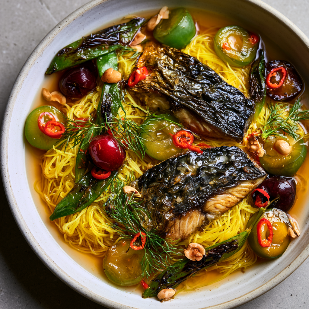 Crisp-Skinned Mackerel with Cherry-Plum Nuoc Cham & Turmeric Rice Noodles